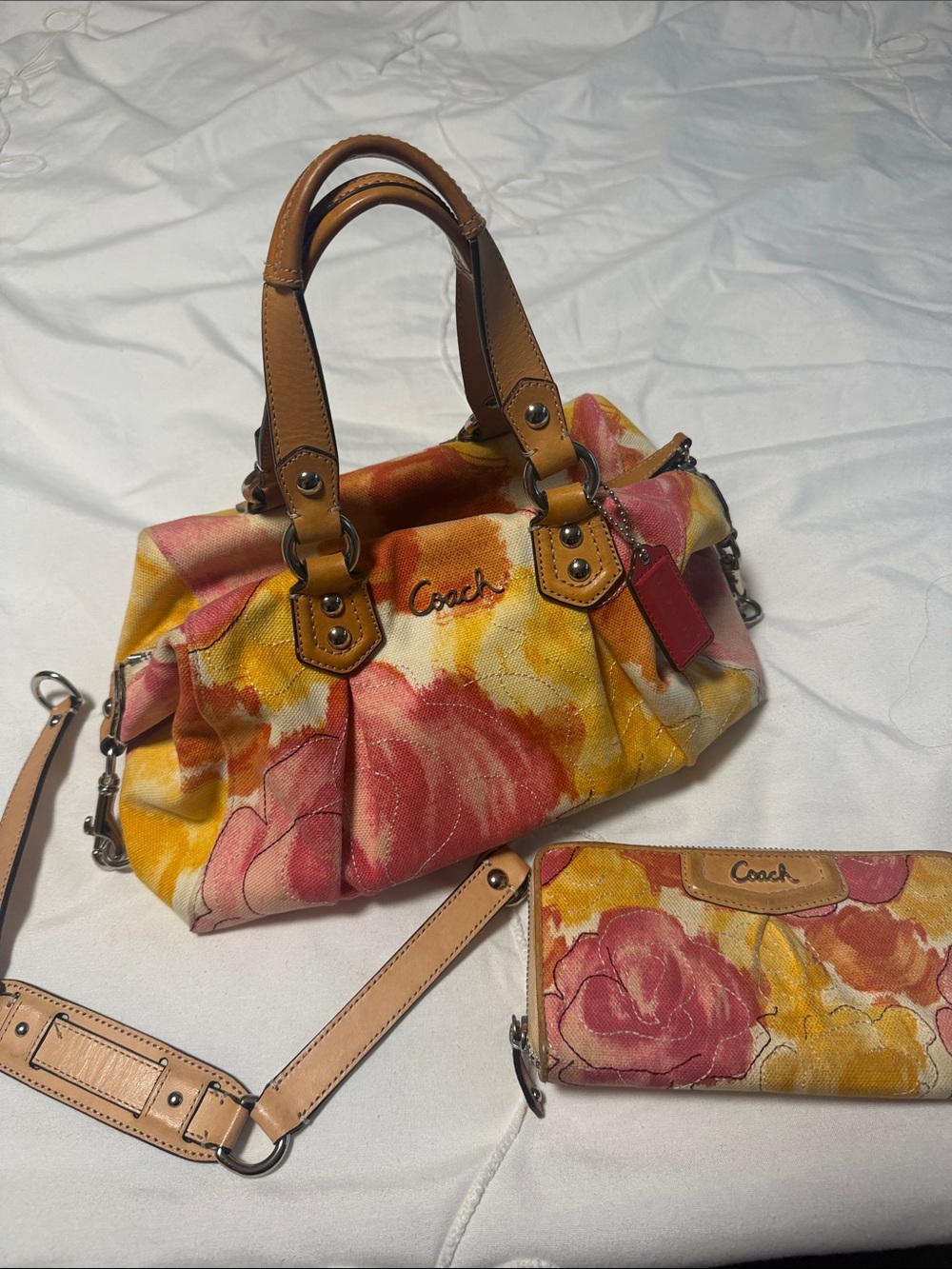 Vintage Coach Floral Canvas Satchel in Pink, Yellow and Tan matching wallet